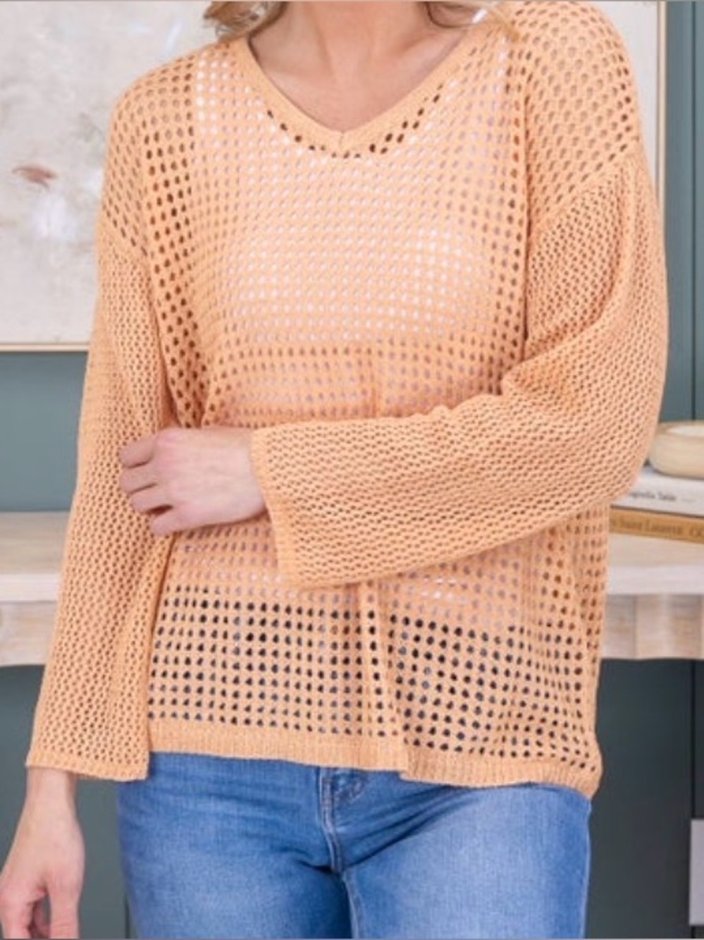 Mango V Neck Long Sleeve Open-Weave Knit Crochet Sweater. Small.